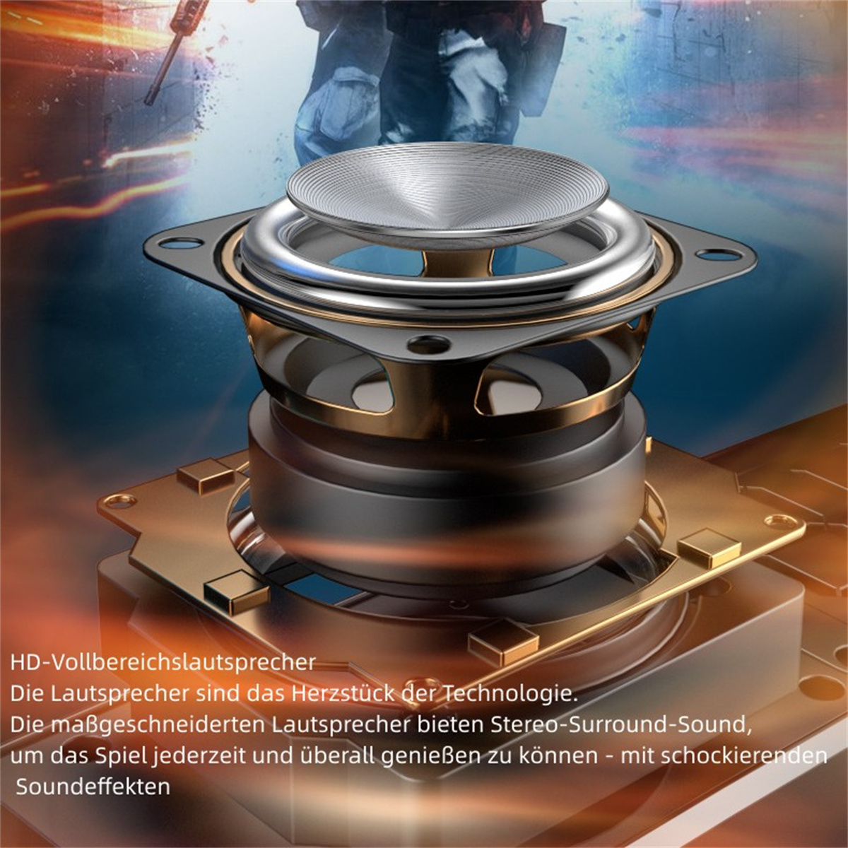 Ein Lautsprecher mit Metalloberfläche auf goldener Basis. Deutscher Text beschreibt das Produkt.