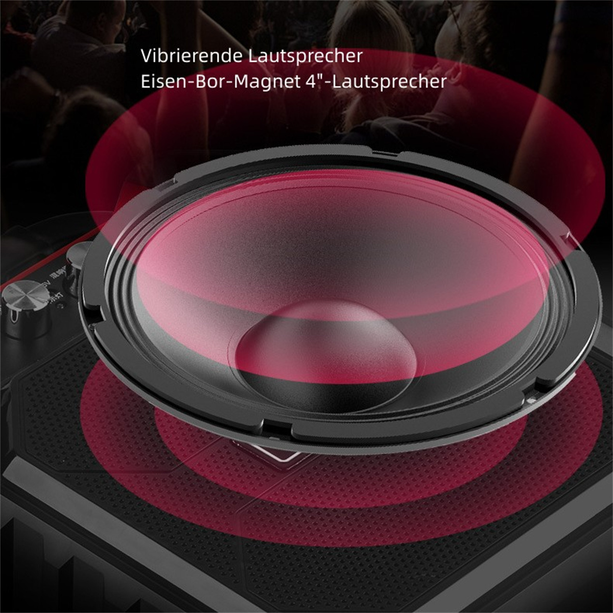 Lautsprecher mit rotem Zentrum, umgeben von roten Schallwellen.