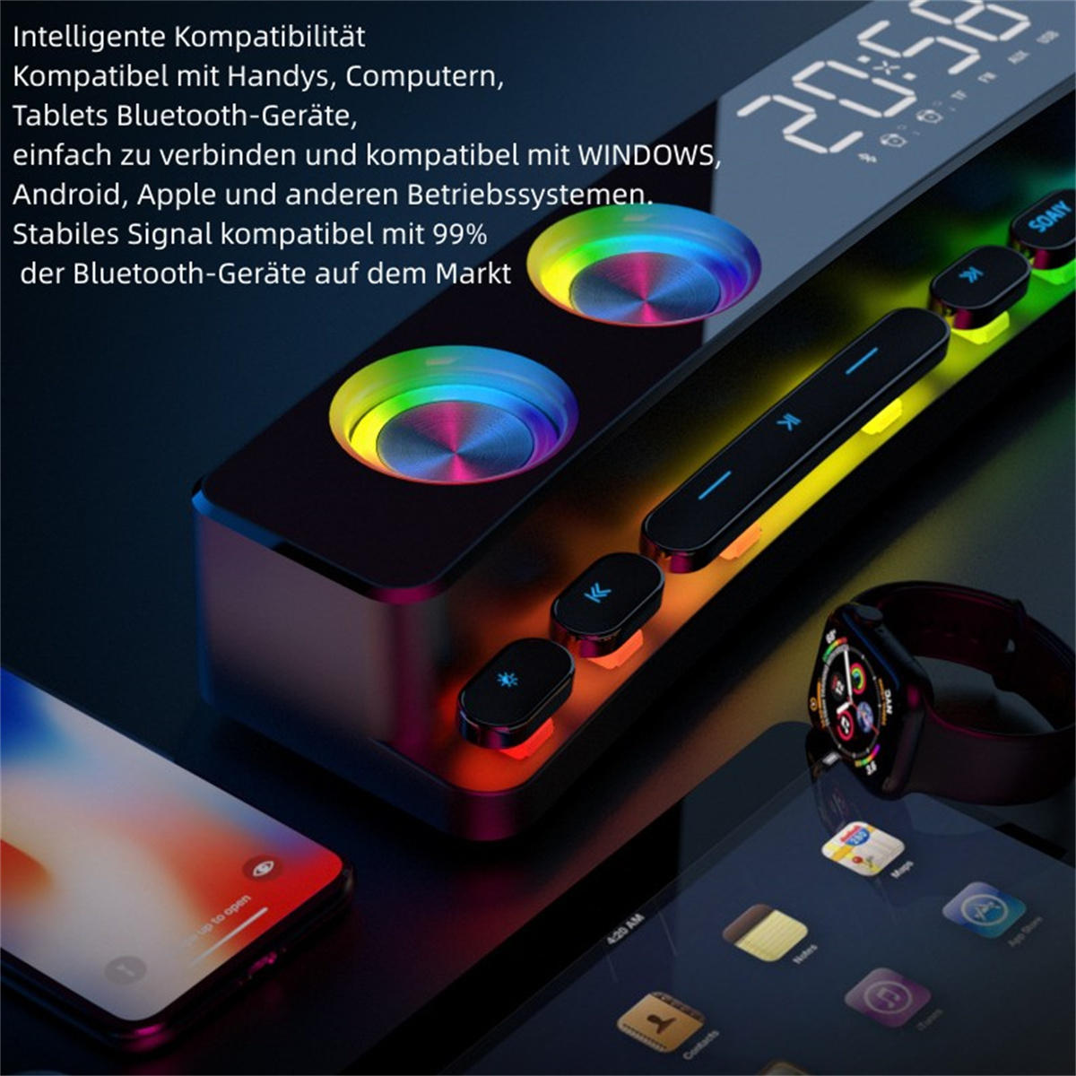 Schwarzer und farbenfroher Lautsprecher mit Tasten, einer Uhr und Telefonen. Text: Intelligente Kompatibilität.