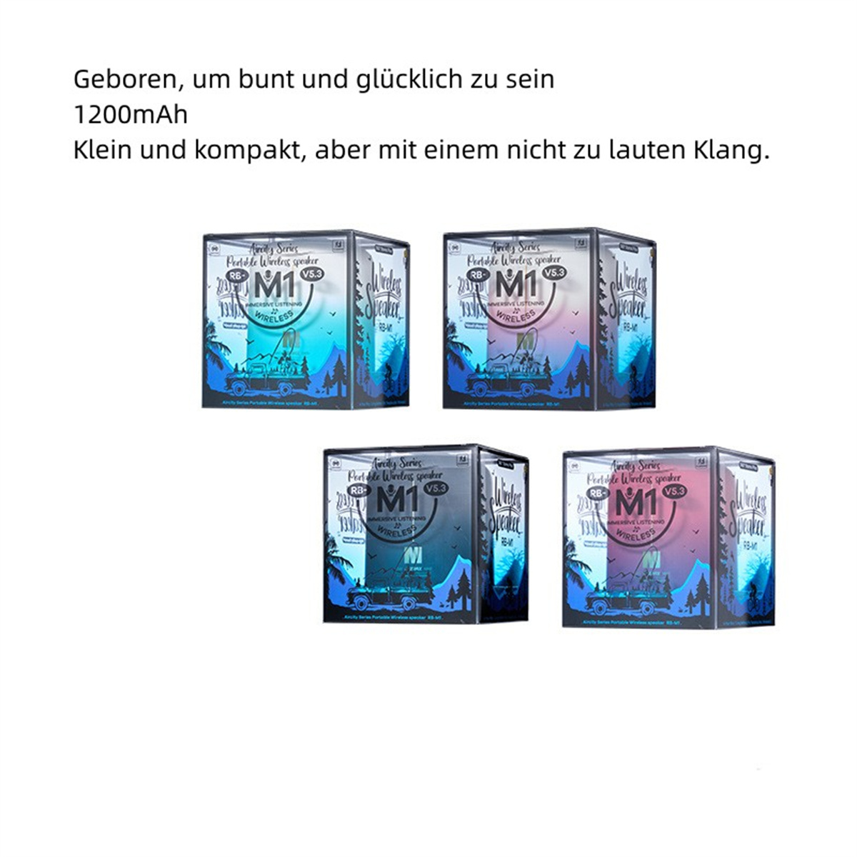 Produktboxen von Lautsprechern. Vier Boxen mit gleichem Design, unterschiedlichen Farben.
