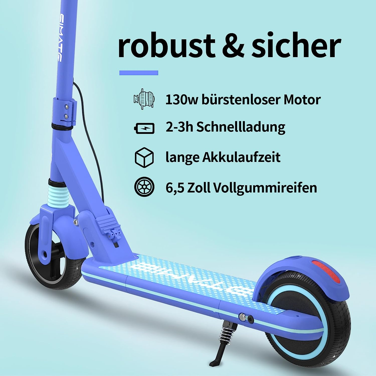 Blauer Elektroroller mit Text über Funktionen, vor hellblauem Hintergrund.