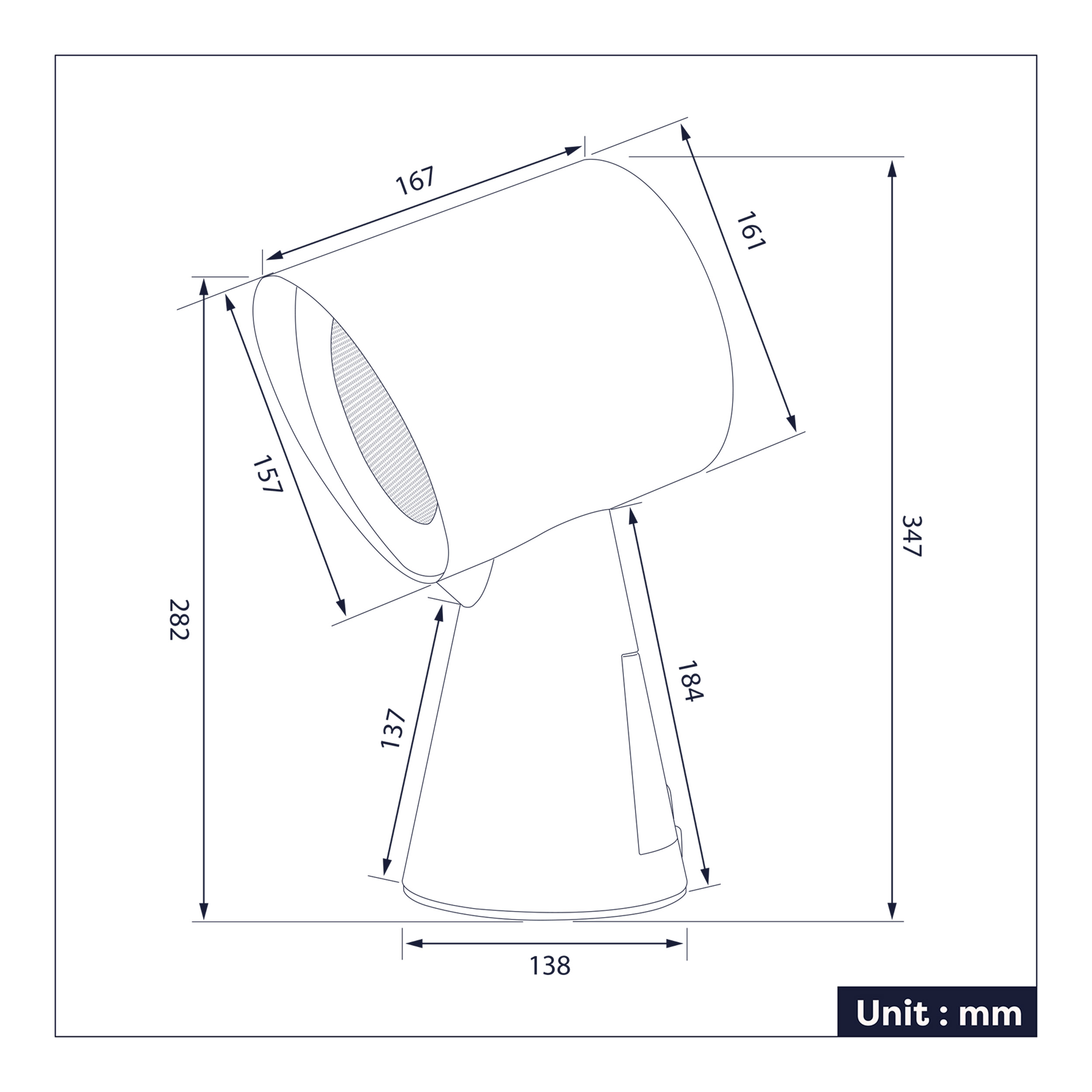 Diagramm einer Lampe mit Maßen in mm. Weißer Hintergrund.