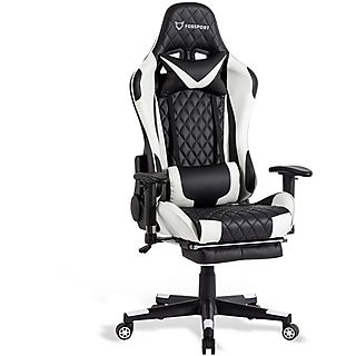 Silla gaming - FOXSPORT Silla gaming ergonómica con reposacabezas, almohada para la cintura y reposapiés, blanca, Reposabrazos2D (regulable en altura y anchura), white