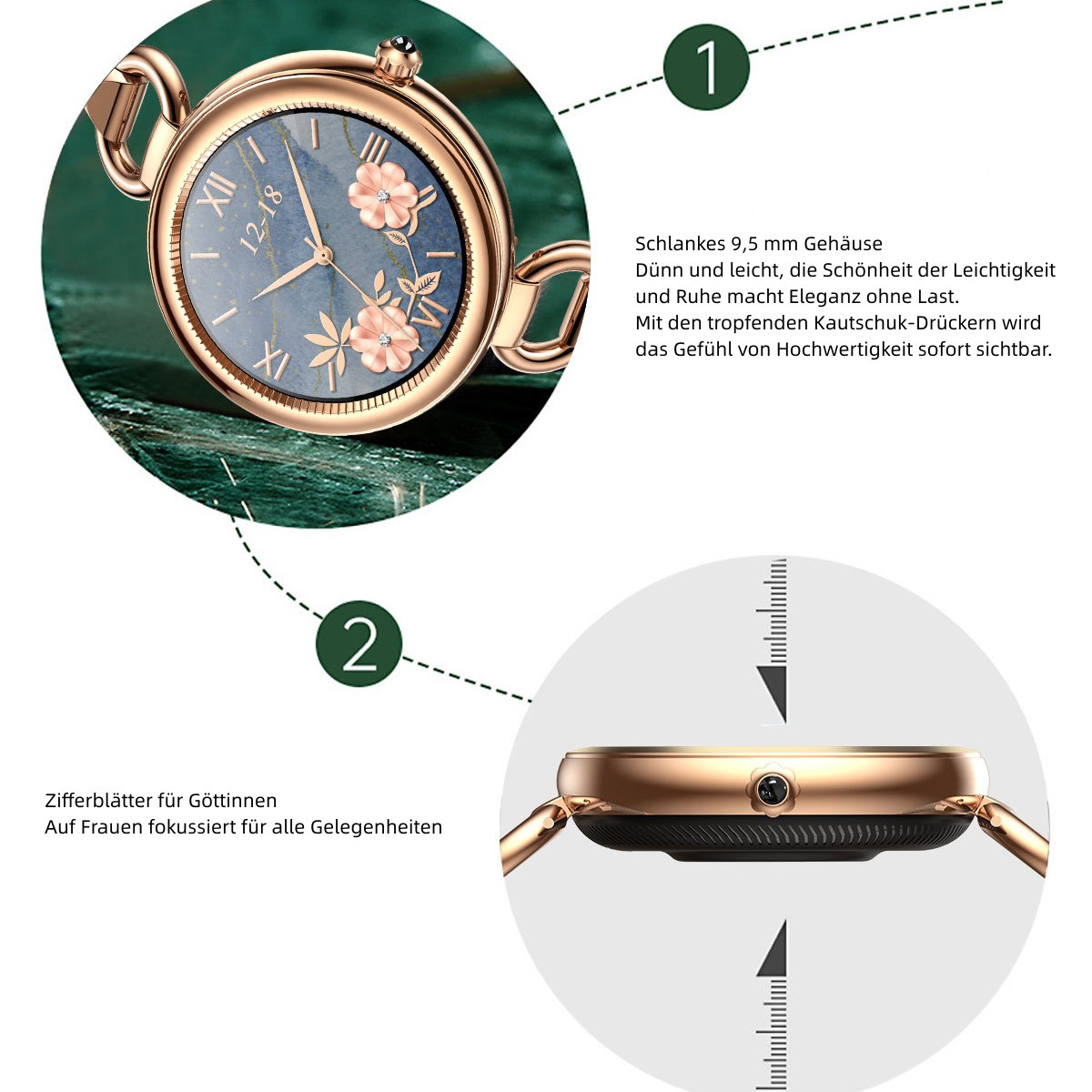 Roségoldene Uhr mit blauem Zifferblatt und rosa Blumendesigns, Nahaufnahme der Uhrdetails.