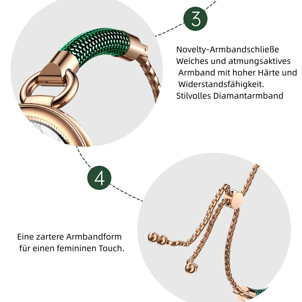 Nahaufnahme einer goldenen Uhr mit grünem Band und Details über die Funktionen.