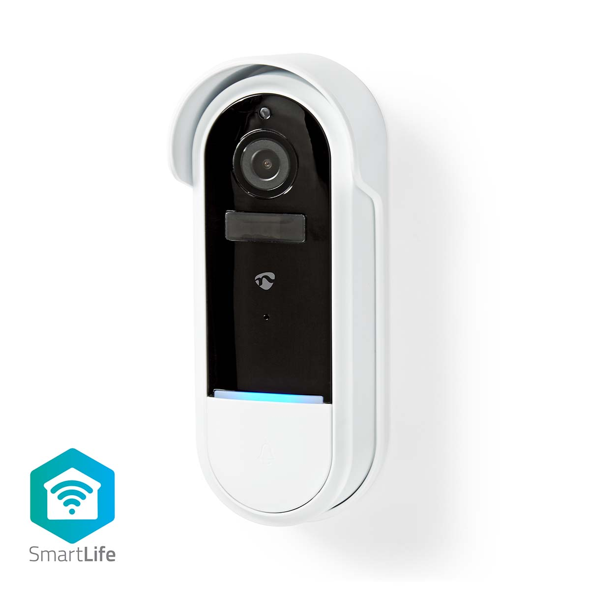 Weiße Smart-Türklingel mit Kamera und SmartLife-Logo.