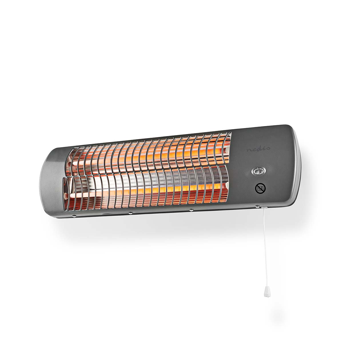 Grauer, an der Wand montierter Elektroheizer. Er hat einen Drahtschutz, eine Zugkordel und ein gebogenes Design.