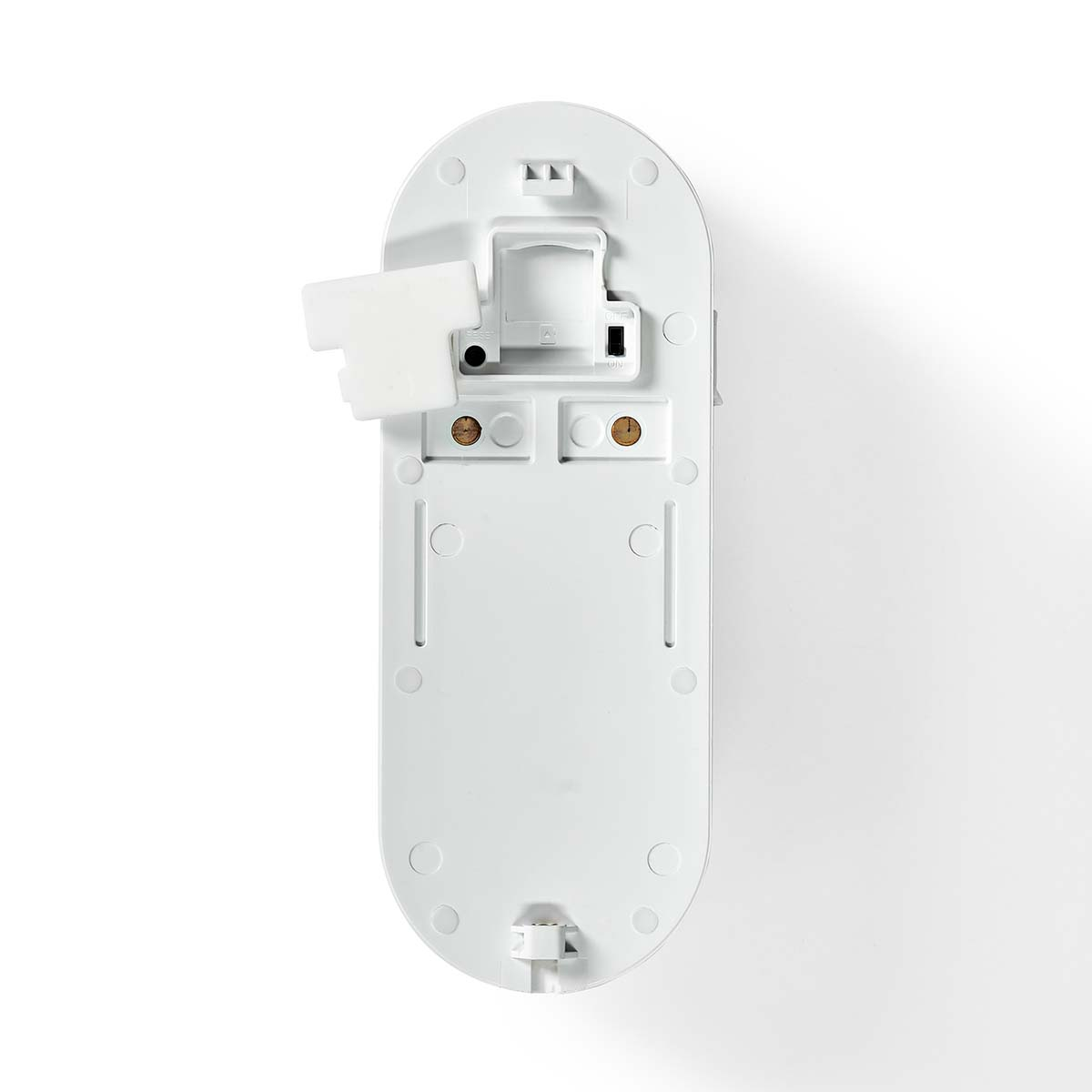 Weißes, ovales Elektrogerät mit abnehmbarem Teil. Auf weißem Hintergrund.