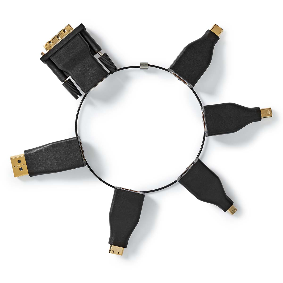 Câble noir avec plusieurs connecteurs : USB, HDMI et autres, disposés en cercle.
