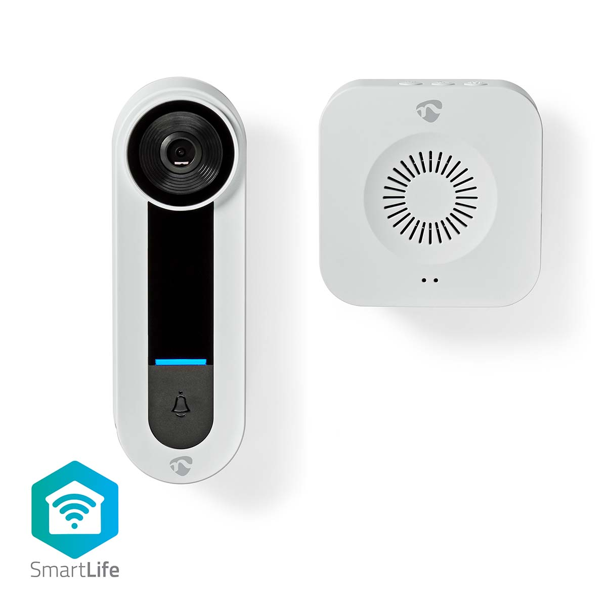 Weißes Smart-Türklingelsystem. Kamera und Gong. SmartLife-Logo.