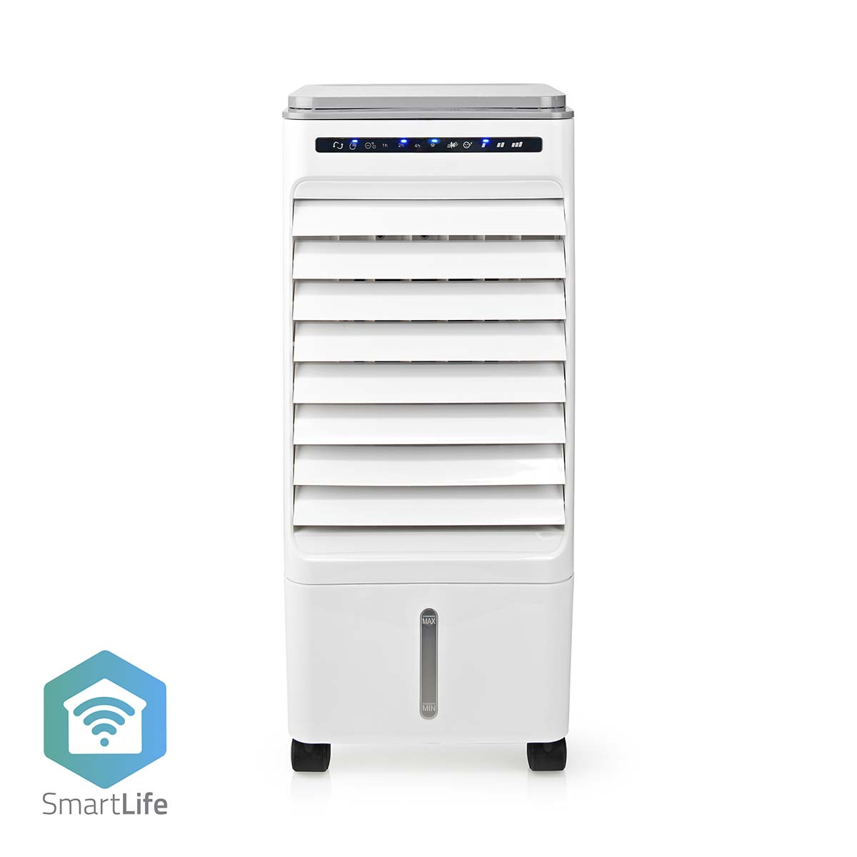 Weißer Luftkühler mit Lamellen und SmartLife-Logo. Er hat eine Wasserstandsanzeige.