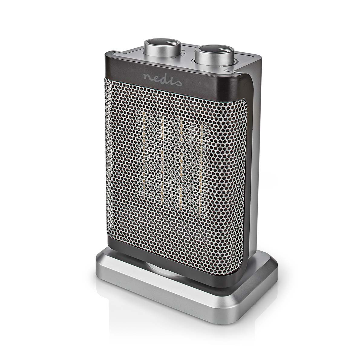 Srebrno-czarny elektryczny grzejnik. Widoczne elementy sterujące i kratka, na białym tle.