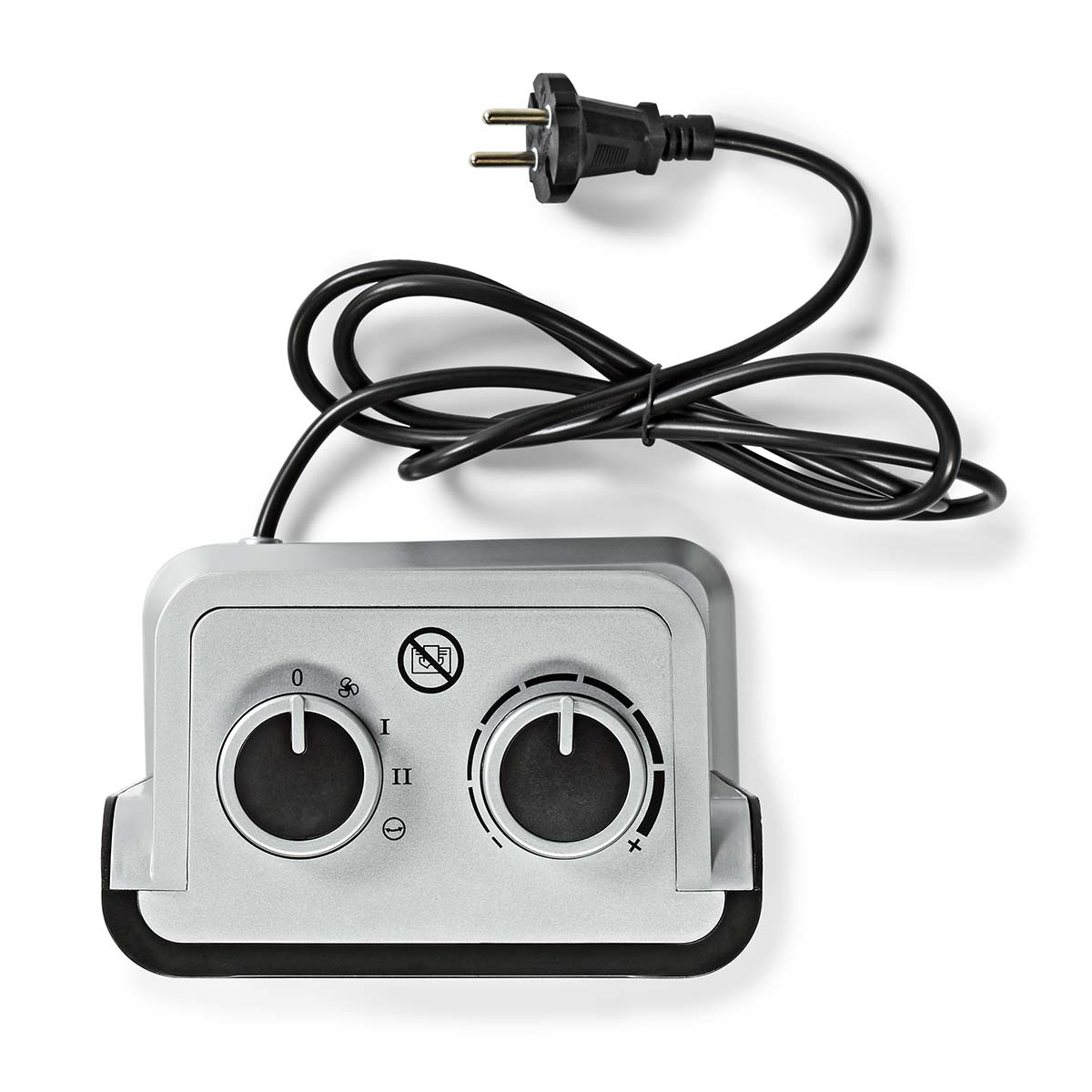 Szary panel sterowania z dwoma czarnymi pokrętłami i kablem zasilającym z wtyczką.