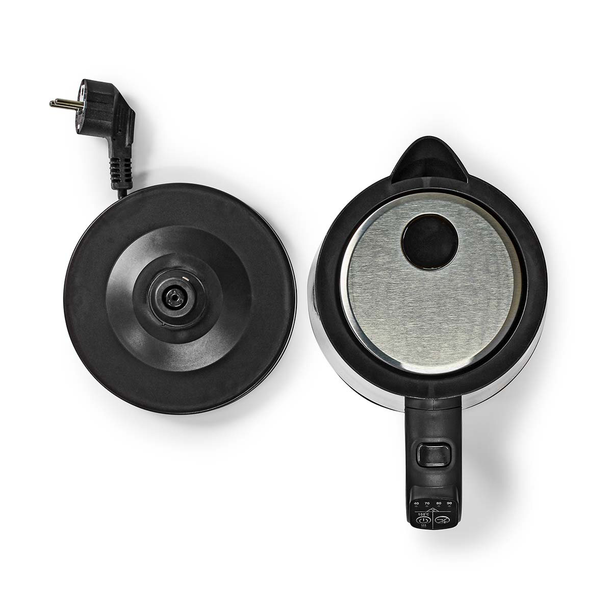 Czajnik elektryczny i podstawa na białym tle. Czajnik jest czarny ze srebrnym wnętrzem. Widok z góry.