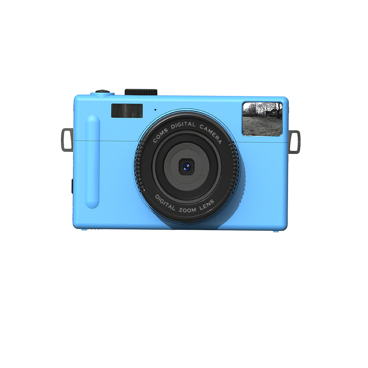 Eine hellblaue Digitalkamera mit Objektiv und kleinem Bildschirm mit Graustufenbild.