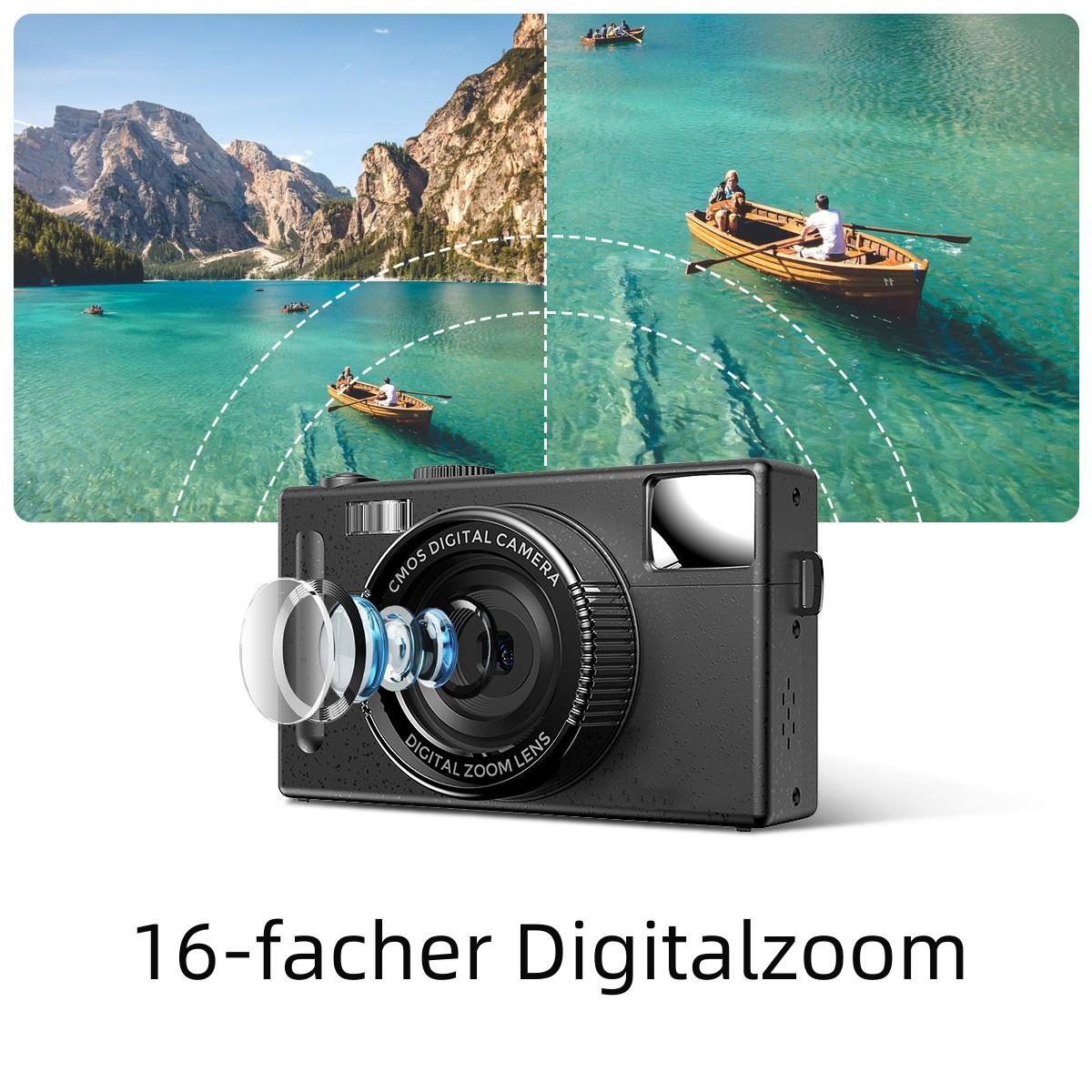 Schwarze Digitalkamera mit Objektiv und einigen Booten auf dem Wasser. Blauer Wasserhintergrund.