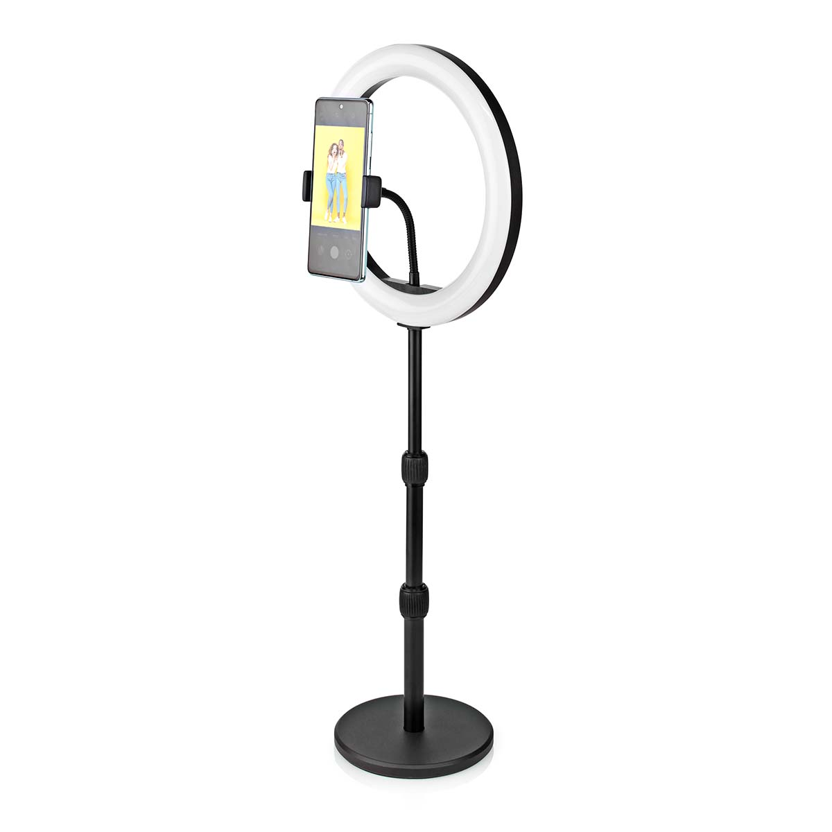 Anello di luce con telefono. Il telefono mostra una persona. Supporto nero, anello bianco.