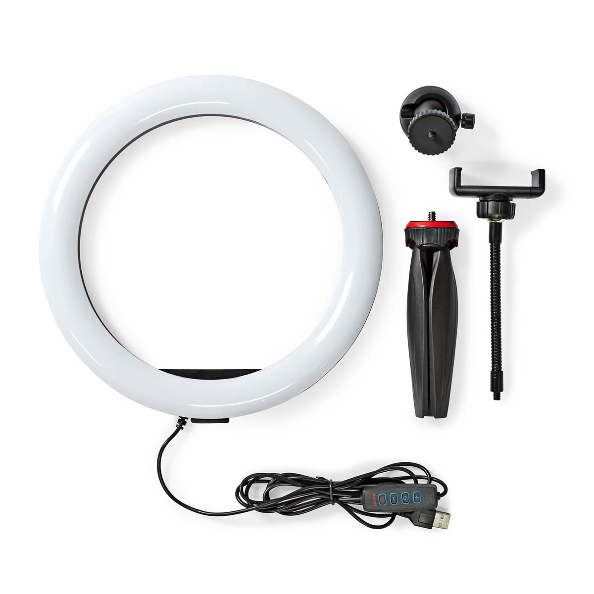 Ringlicht mit Zubehör: Telefonhalter, kleines Stativ und Bedienelemente. Weißer Hintergrund.