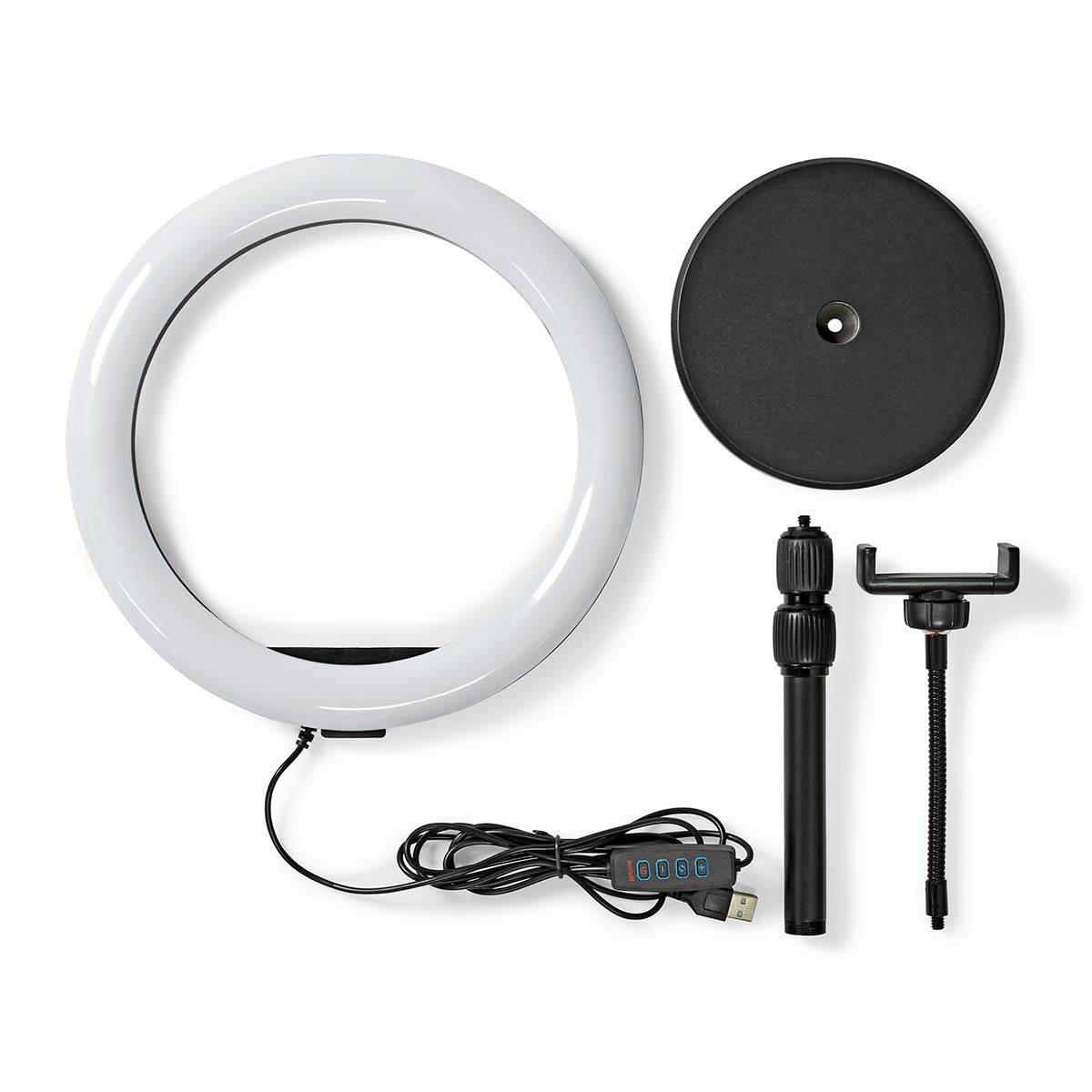 Configuration d'anneau lumineux avec support, support de téléphone et câble sur une surface blanche.