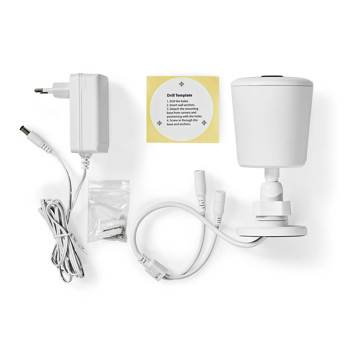 Biały zestaw kamery bezpieczeństwa z zasilaczem, śrubami i szablonem wiercenia.