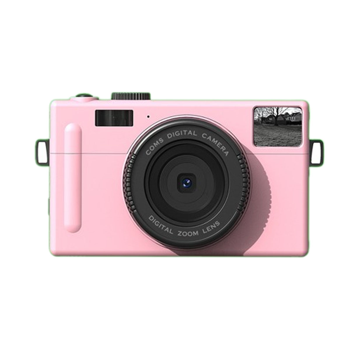 Eine rosa Kamera mit schwarzem Objektiv und kleinem Bild im Sucher.