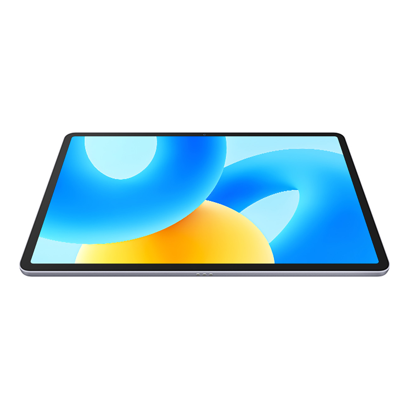 Silbernes Tablet mit blau-gelbem, abstraktem Hintergrund.