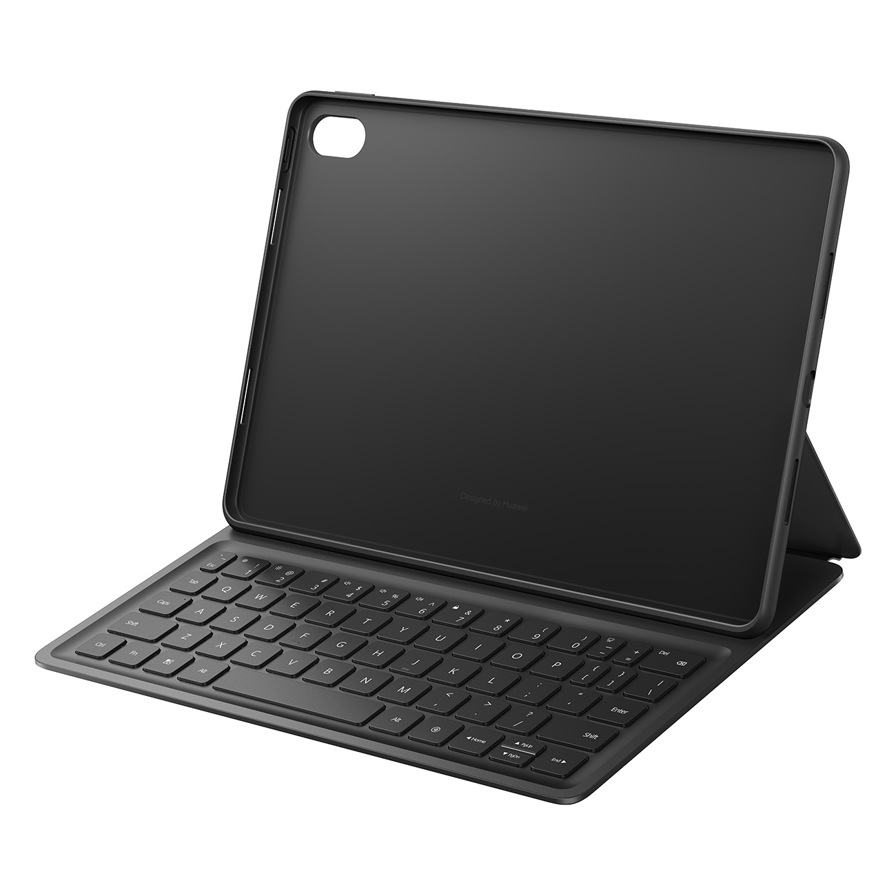 Eine schwarze Tablet-Tastaturhülle ist geöffnet, mit sichtbarer Tastatur und der Rückseite des Tablets.