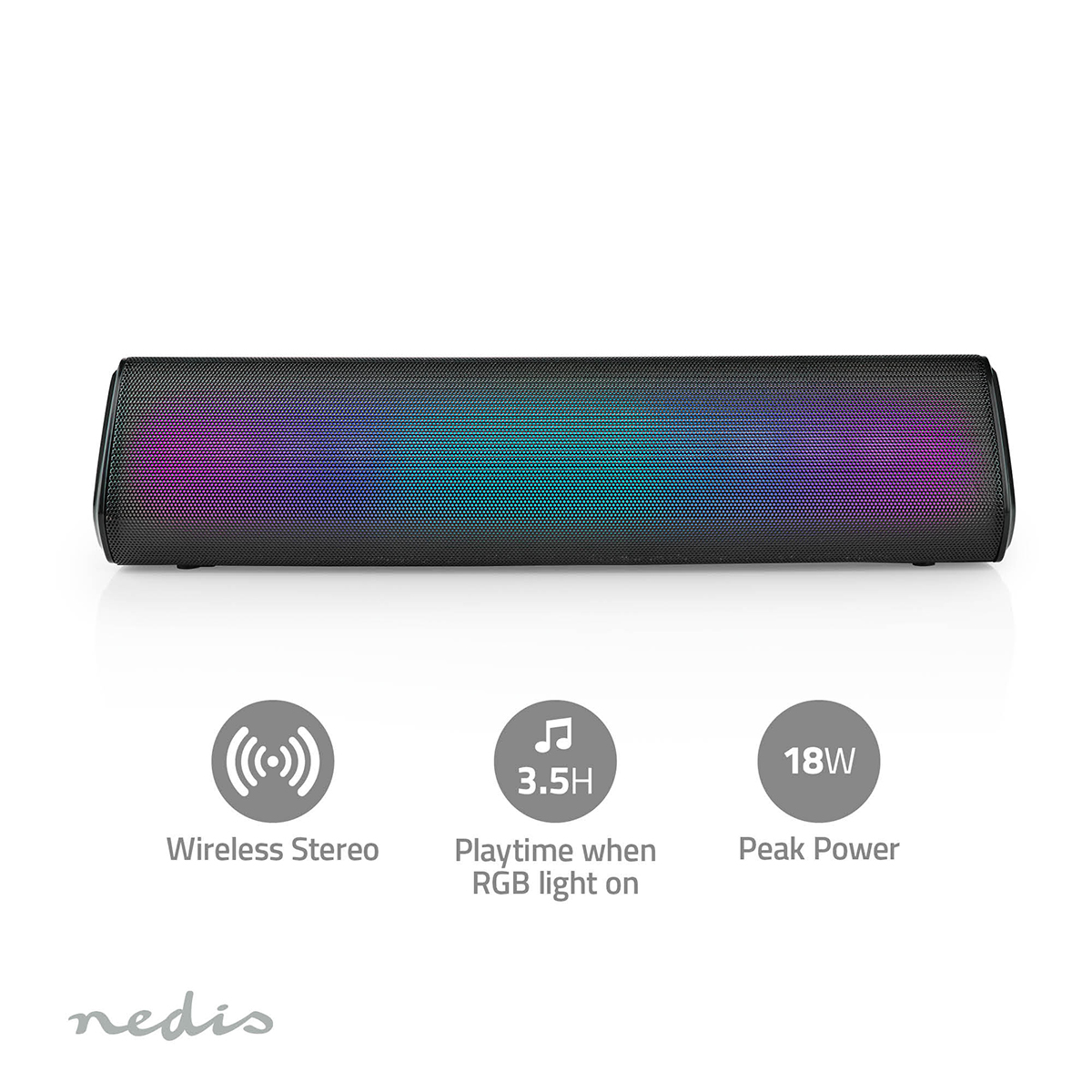 Soundbar nera con illuminazione RGB, stereo wireless e informazioni sull'alimentazione.