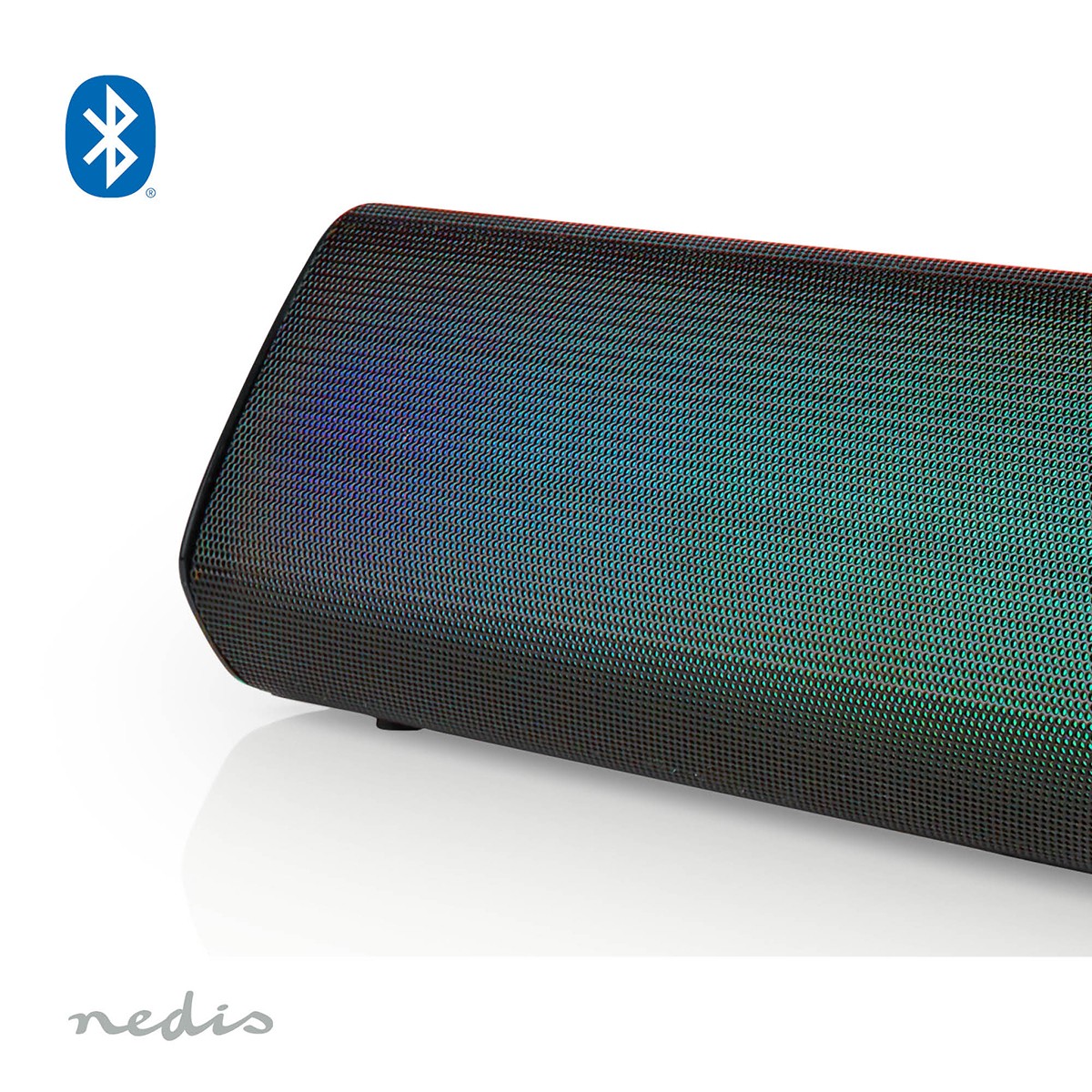Un altoparlante nero con un effetto luce gradiente colorato. Il marchio 'nedis' è visibile.