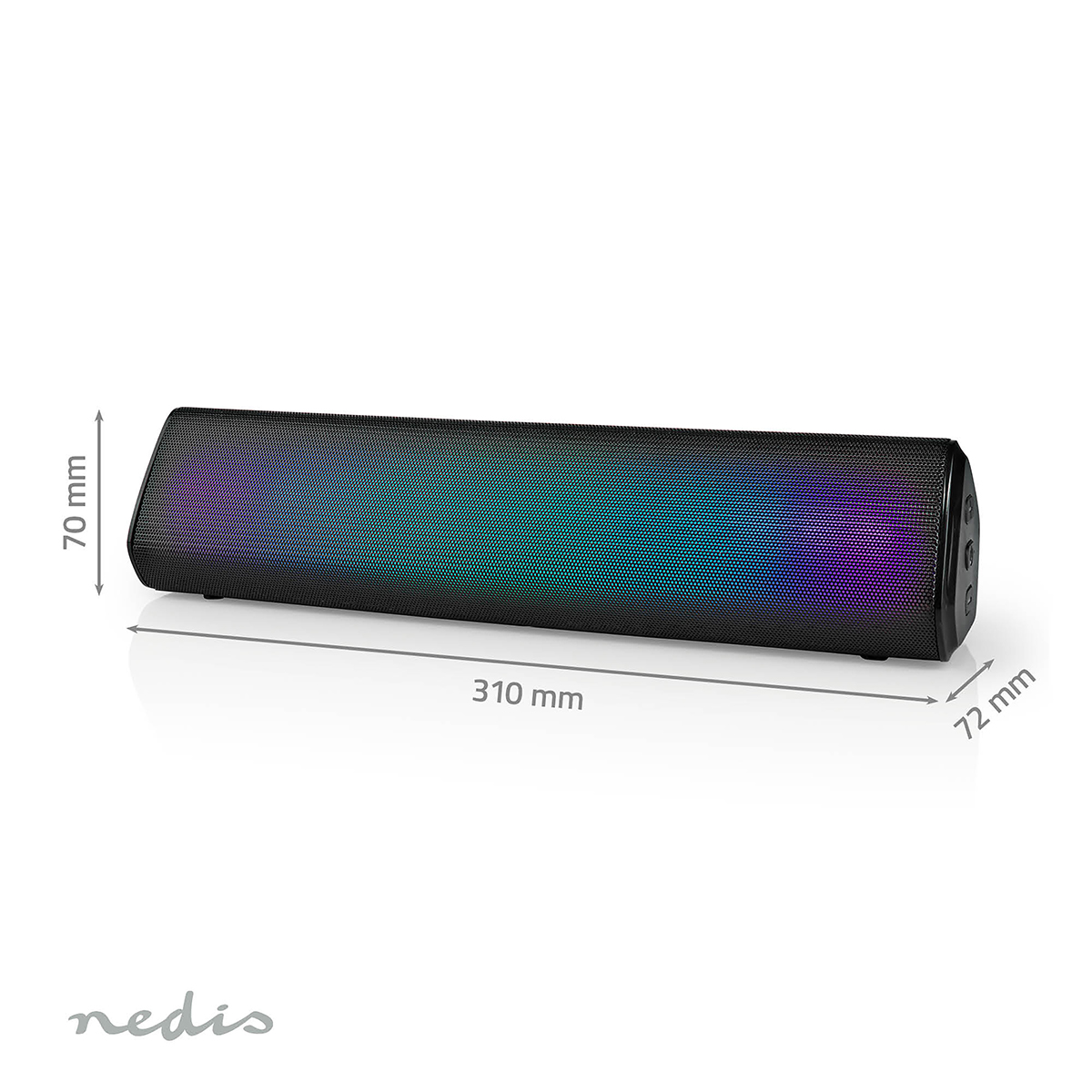 Soundbar nera con luci che cambiano colore. Ha una forma rettangolare con dimensioni in mm.