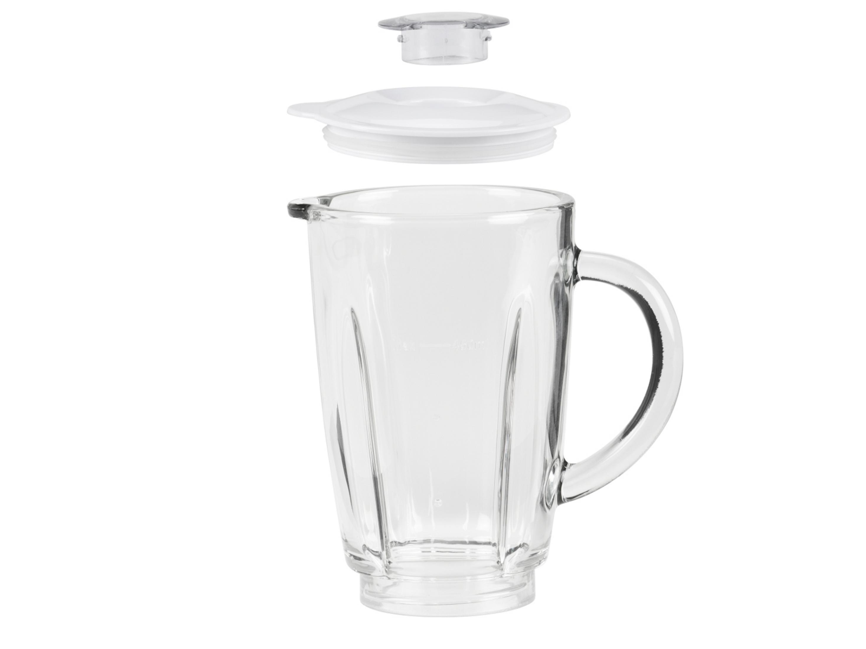 Szklany dzbanek do blendera z częściami pokrywy. Części są ułożone na białym tle.