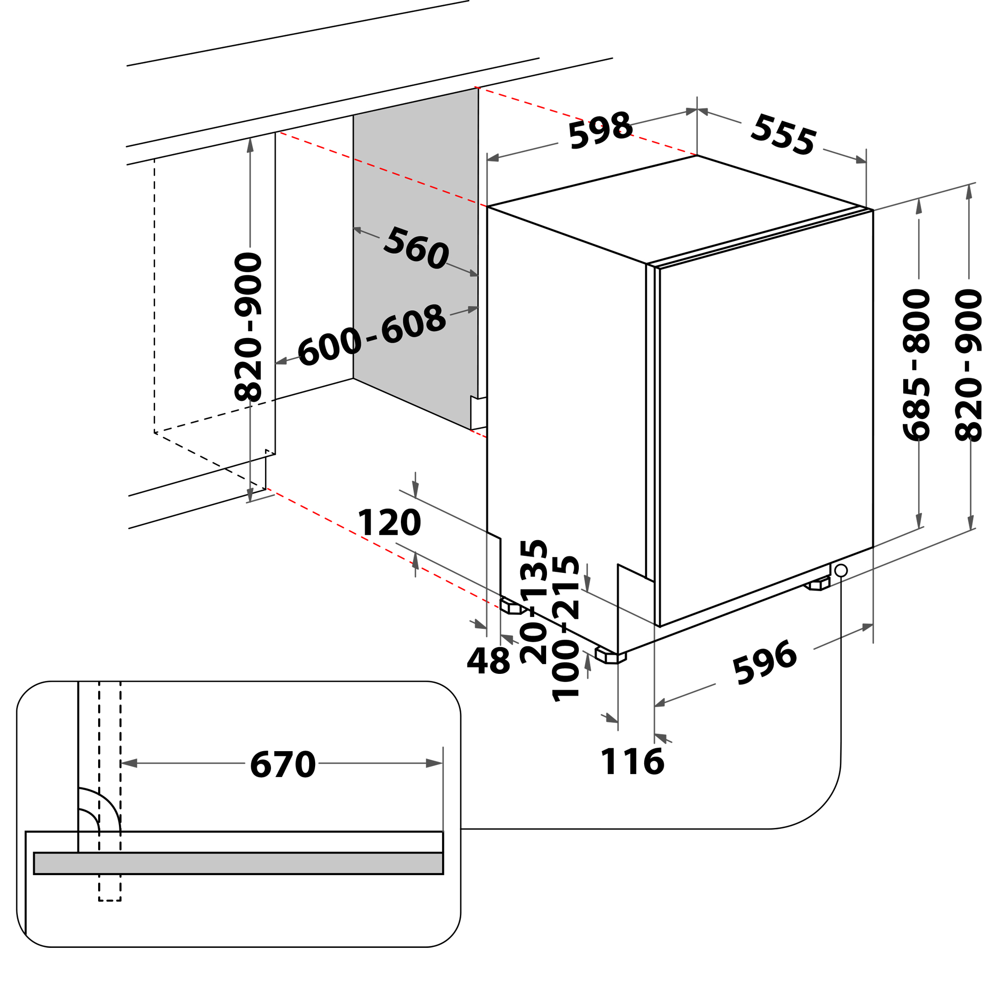 Diagramm eines Einbau-Geschirrspülers mit Abmessungen in Millimetern, zeigt den Einbauraum.