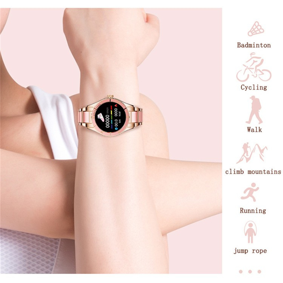 Eine roségoldene Smartwatch am Handgelenk, mit Aktivitäts-Symbolen für Badminton, Radfahren usw.