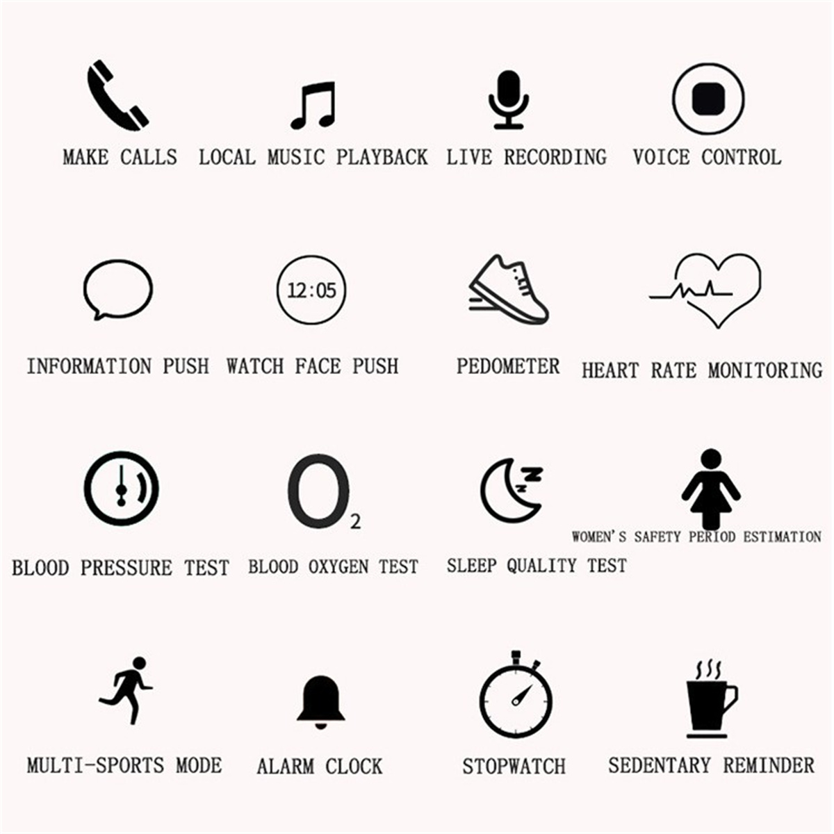 Icons zu Smartwatch-Funktionen. Einschließlich Anrufen, Musik, Aufnahme, Steuerung und Gesundheitsüberwachung.
