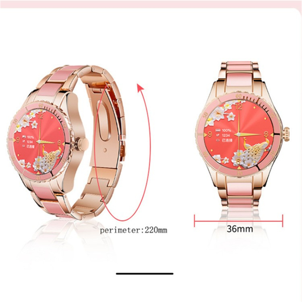 Eine roségoldene Smartwatch mit rotem Zifferblatt und pinkfarbenem Armband.