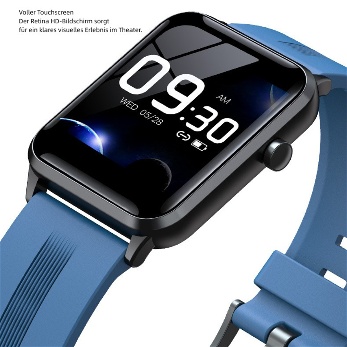 Smartwatch mit blauem Armband, zeigt Uhrzeit und Datum an.