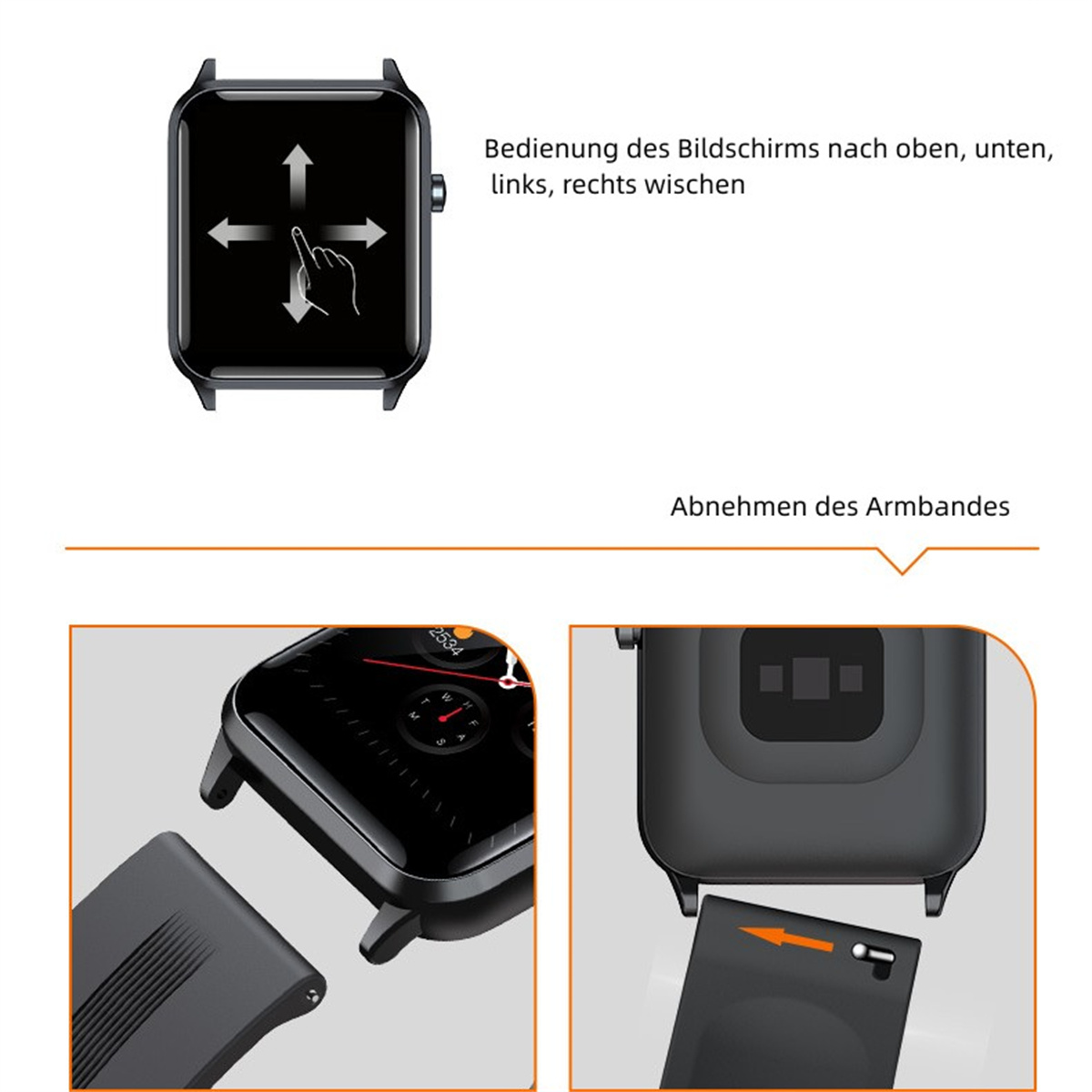 Smartwatch-Bildschirm mit Pfeilen, Anweisungen und Bildern zum Entfernen des Armbands.