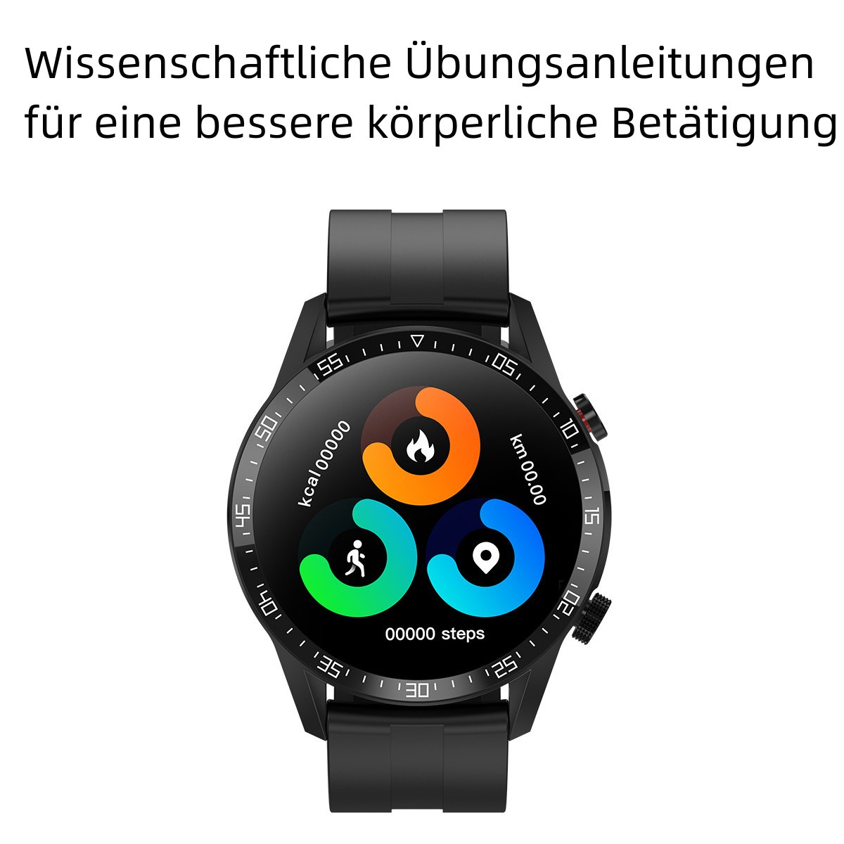 Eine schwarze Smartwatch mit drei Anzeigekreisen, die Daten anzeigen.