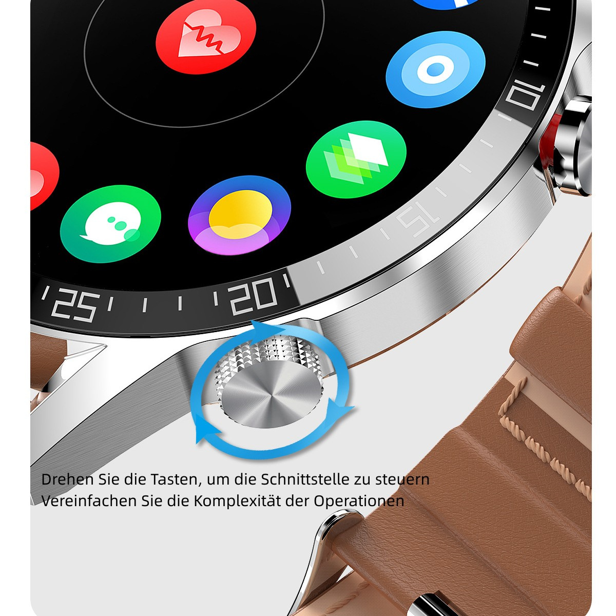 Smartwatch mit braunem Lederarmband. Der Bildschirm zeigt farbenfrohe App-Symbole, ein Drehrad wird gezeigt.