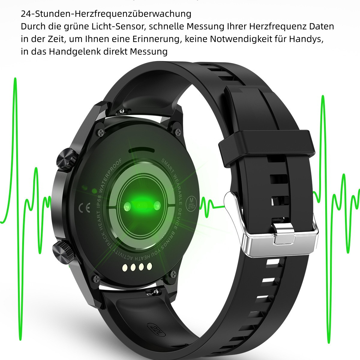 Schwarze Smartwatch mit grünem Herzfrequenzdiagramm, auf schwarzem Armband.