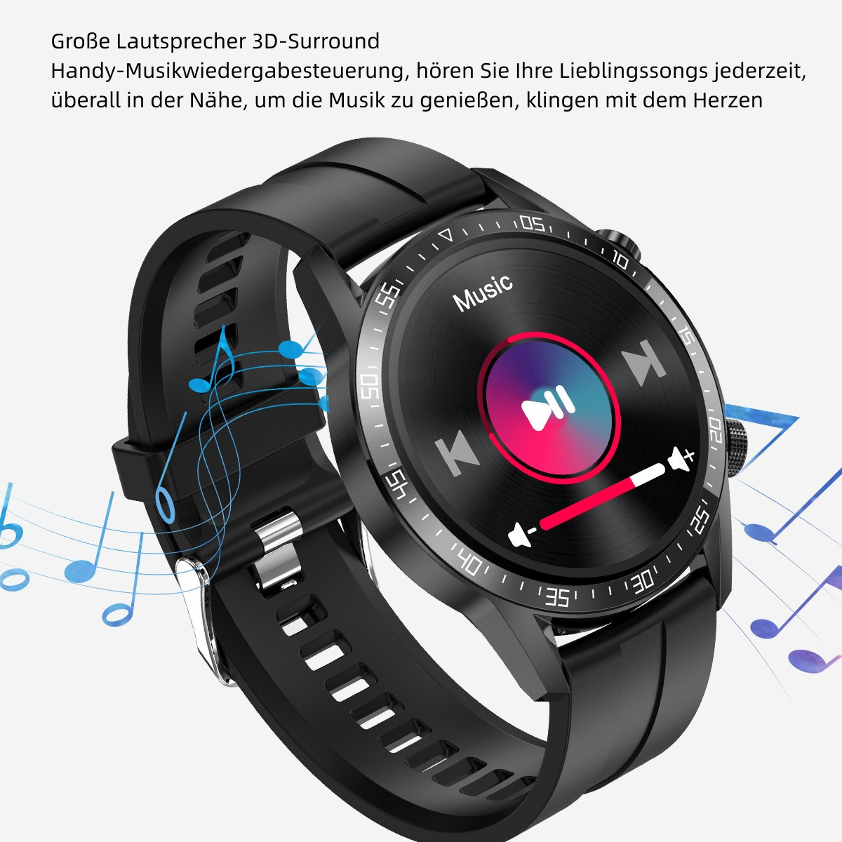 Schwarze Smartwatch mit Musiksteuerung auf dem Bildschirm. Die Uhr hat ein schwarzes Armband, umgeben von Noten.