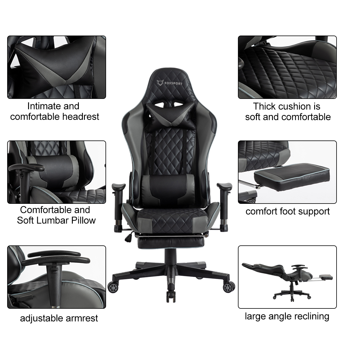 Gaming-Stuhl mit mehreren Ansichten verschiedener Teile. Graue und schwarze Farben sind sichtbar.