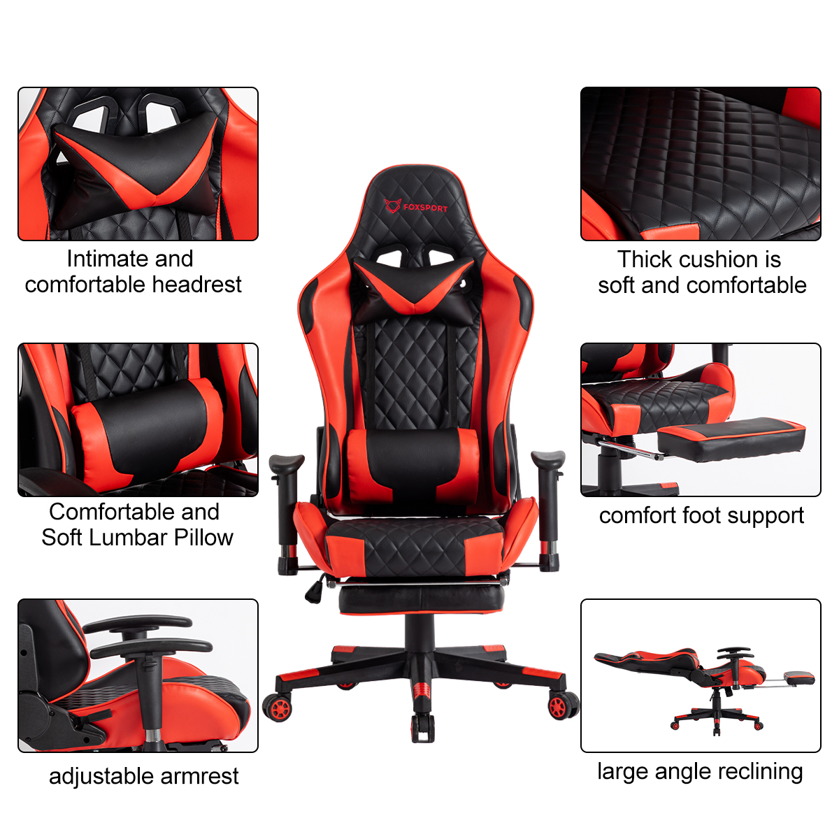 Roter und schwarzer Gaming-Stuhl mit Kopfstütze, Lendenkissen, verstellbarer Armlehne und Fußstütze.