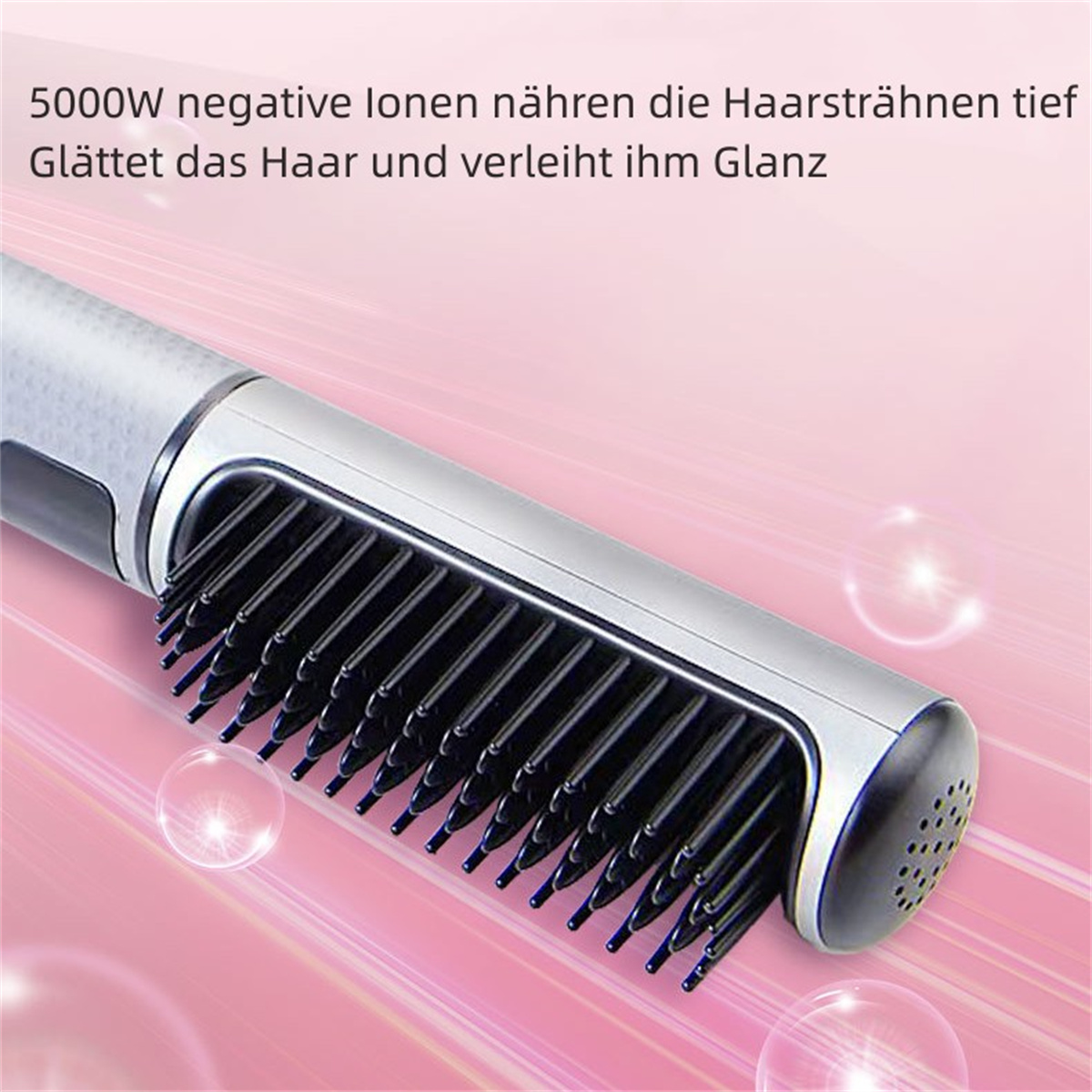Haarglättungskamm mit schwarzem Kamm und weiß-rosa Hintergrund.