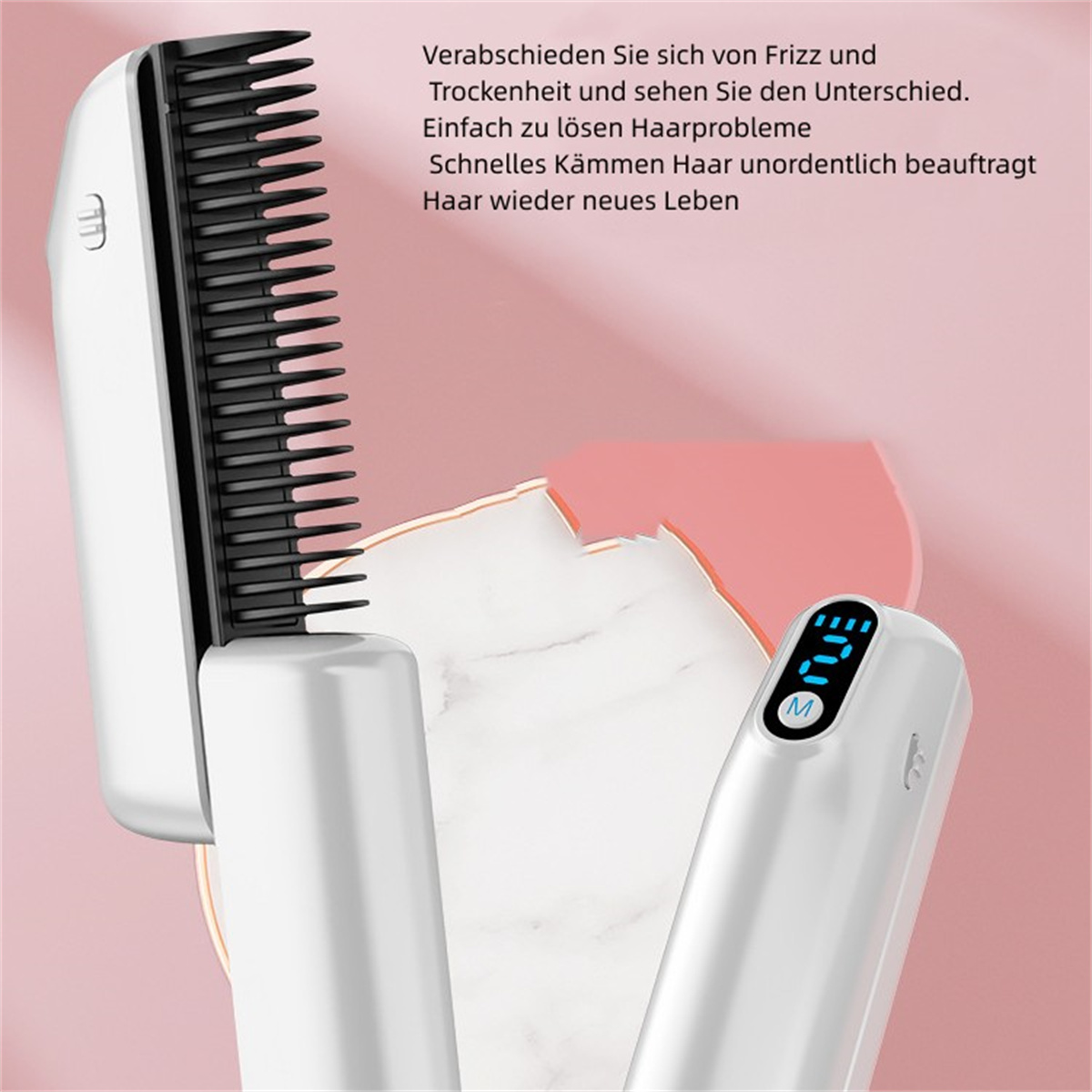 Weißer und schwarzer Haarglättungskamm mit Digitalanzeige.