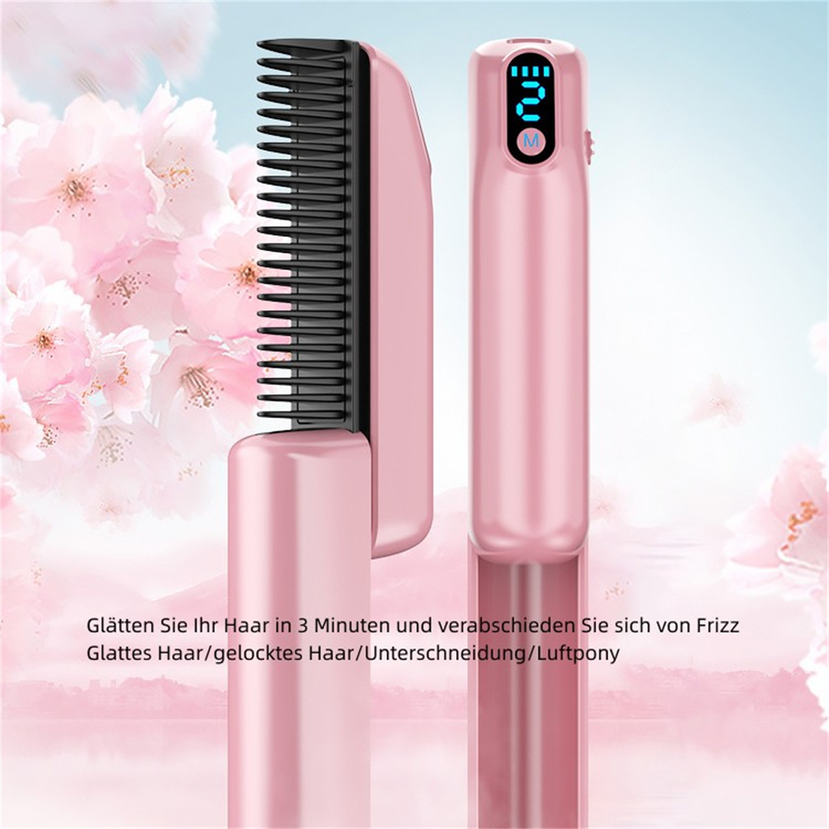 Rosa Haarglättungsbürste mit Digitalanzeige und floralem Hintergrund.
