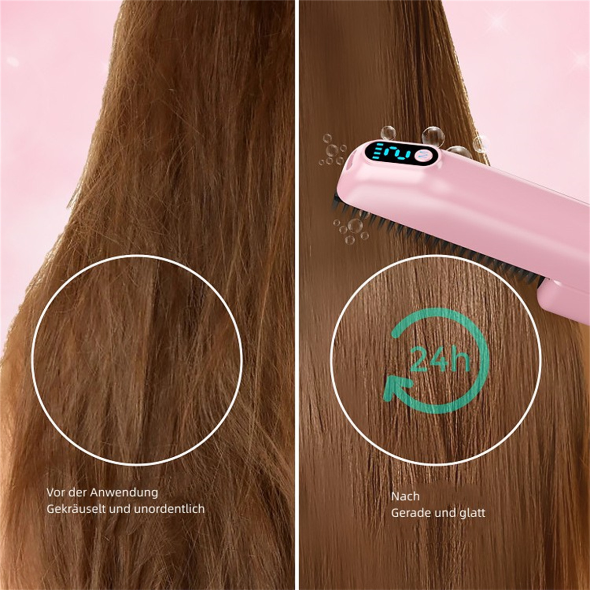 Bild zeigt Haare vor und nach der Verwendung einer Glättungsbürste. Die Bürste ist rosa. Das Haar ist braun.