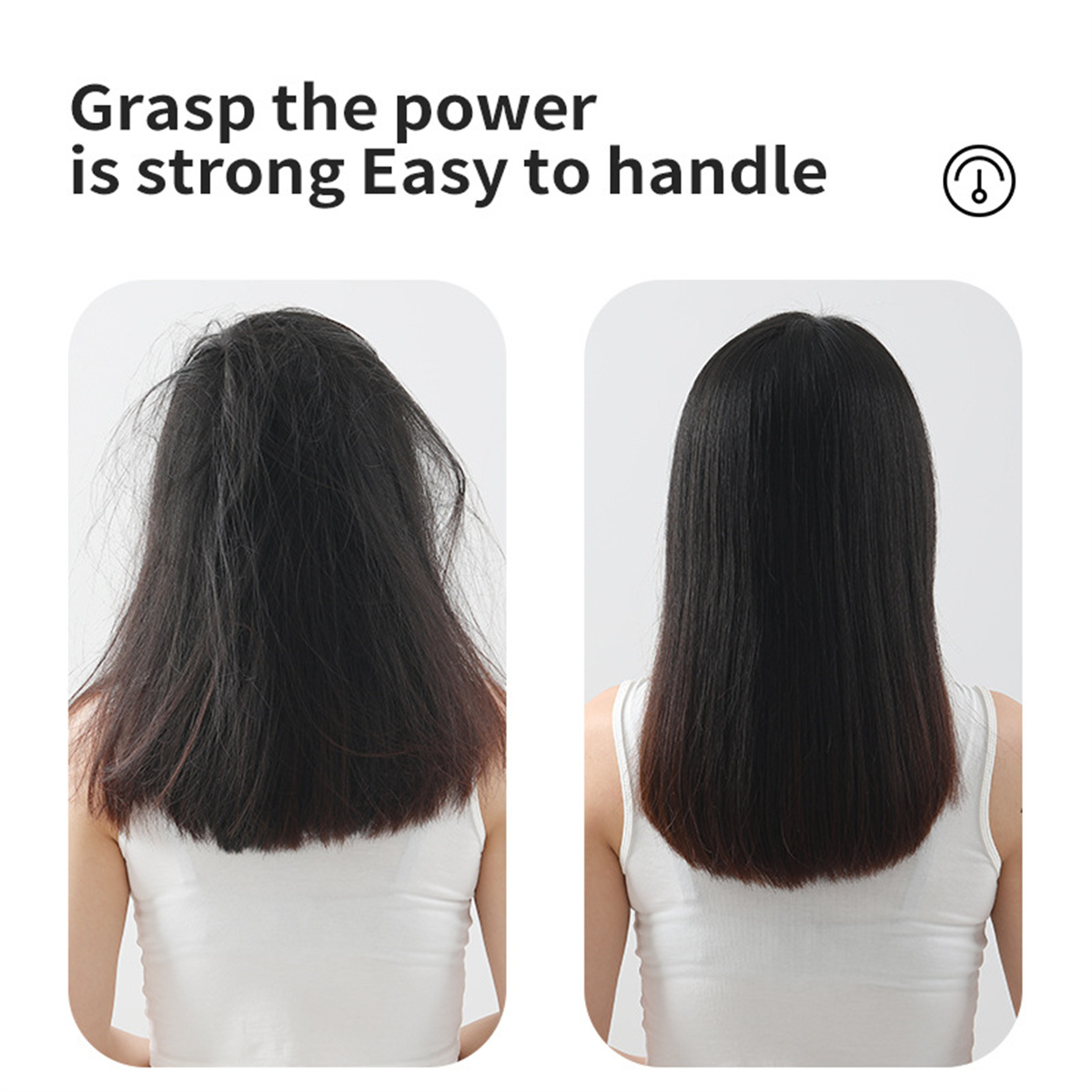 Haare vor und nach dem Glätten, wobei die Verbesserung der Glätte gezeigt wird.