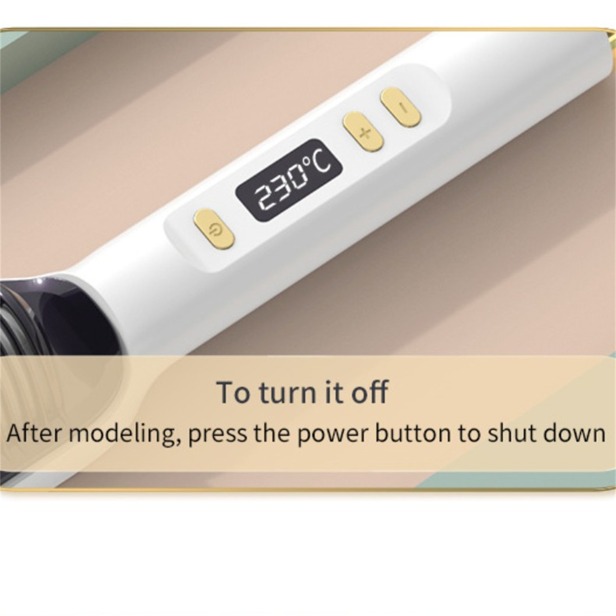 Nahaufnahme eines Haarstyling-Werkzeugs. Anzeige zeigt 230°C. Anleitung: Zum Ausschalten Power-Taste drücken.