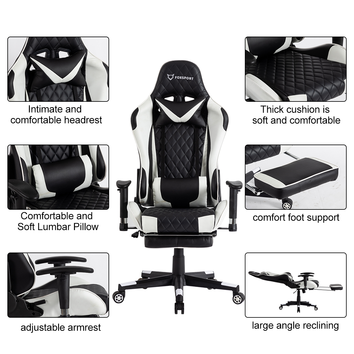 mit FOXSPORT Gaming-Stuhl, schwarz/weiß Beinstütze weiß